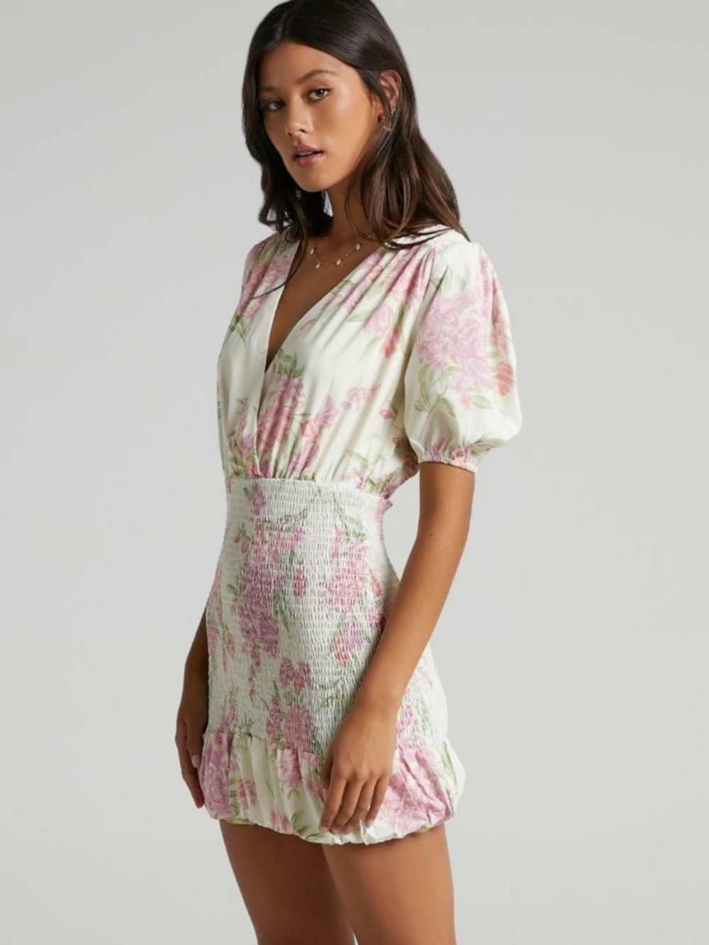 Showpo Floral Smocked Libra Mini Dress in Cream and Pink 4